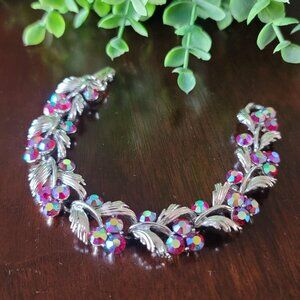 Vintage Listner Silver Tone Red Aurora Borealis Crystal Leaf Bracelet 7"